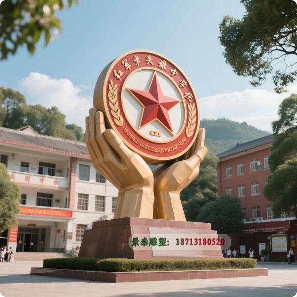 双手托起校徽金属雕塑,学校不锈钢友爱标志 双手托起校徽金属雕塑,学校不锈钢友爱标志